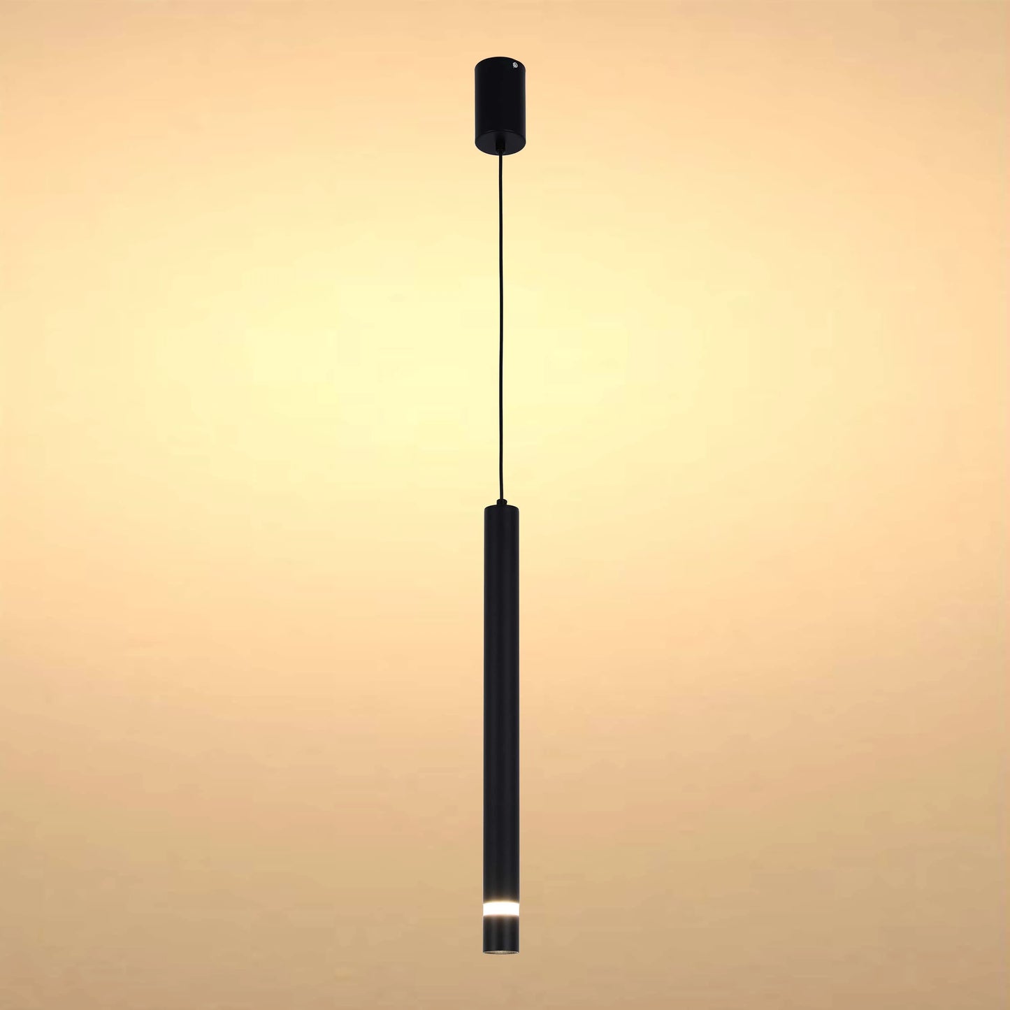 A minimalist, black pendant light provides focussed illumination in a contemporary setting.