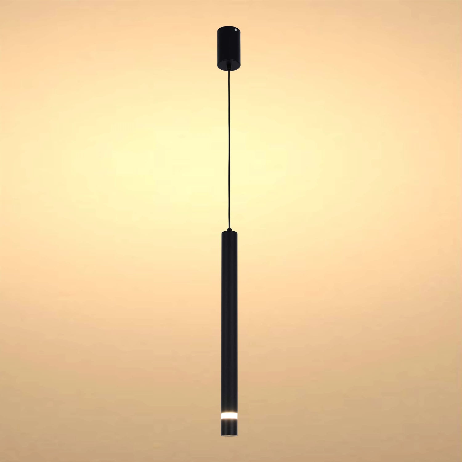 A minimalist, black pendant light provides focussed illumination in a contemporary setting.