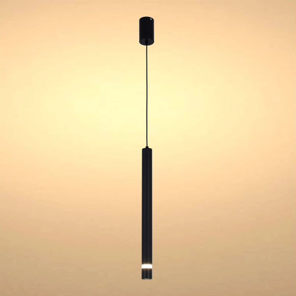 A minimalist, black pendant light provides focussed illumination in a contemporary setting.