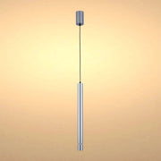 A cylindrical, silver pendant light hangs from a black cable, softly lit against a warm, neutral background.