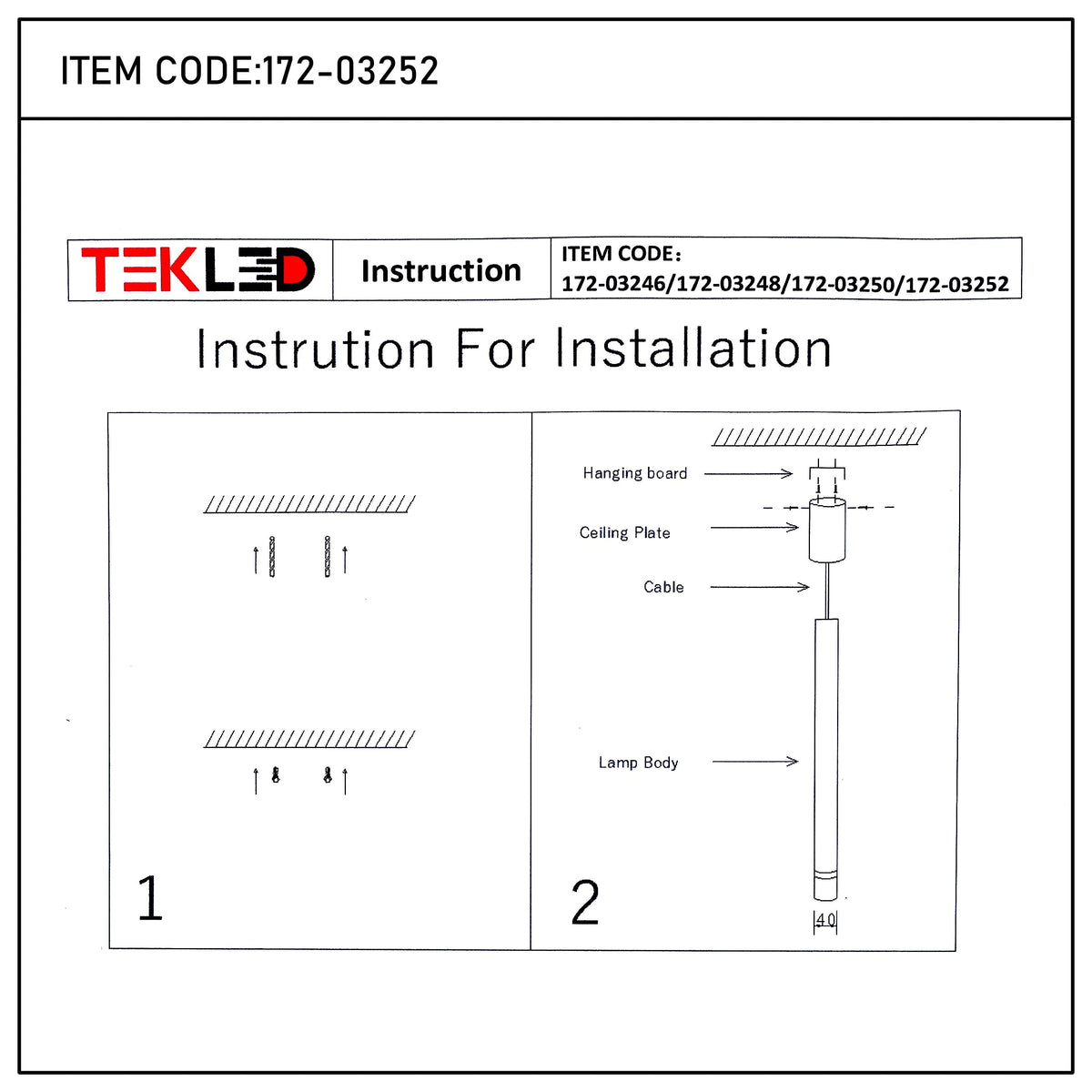 An installation diagram for a TEKLED pendant light, showing how to attach it to the ceiling.
