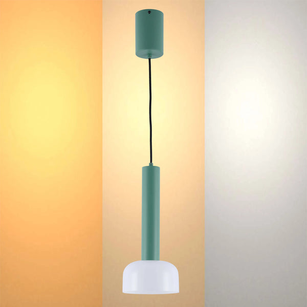 Stylish, modern pendant light with a cylindrical, muted green body and a domed, white shade, suspended by a black cable.