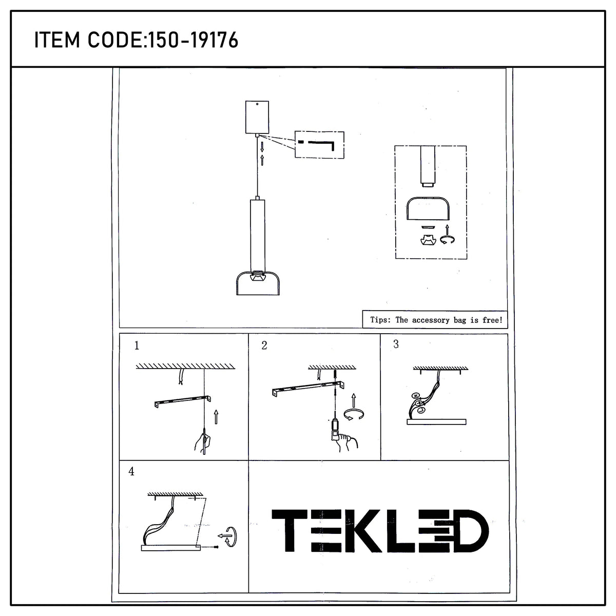 An illustrated guide on how to install a TEKLED pendant light, showing the steps required to install the fitting.