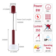 Technical drawing of a cylindrical pendant light, with dimensions and specifications such as wattage, lumens, and IP rating.