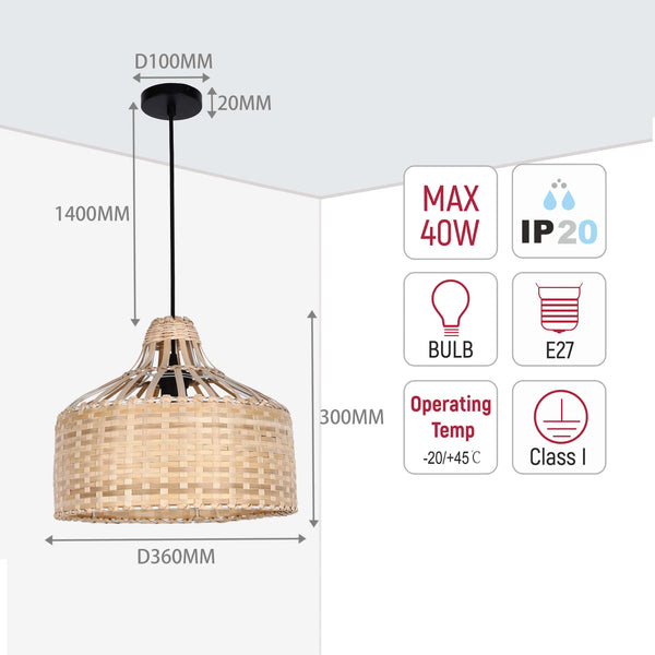 Woven pendant light dimensions: 1400mm drop, 360mm diameter. Max 40W, IP20 rated. Bulb and E27 fitting. Operating temp -20/+45°C.