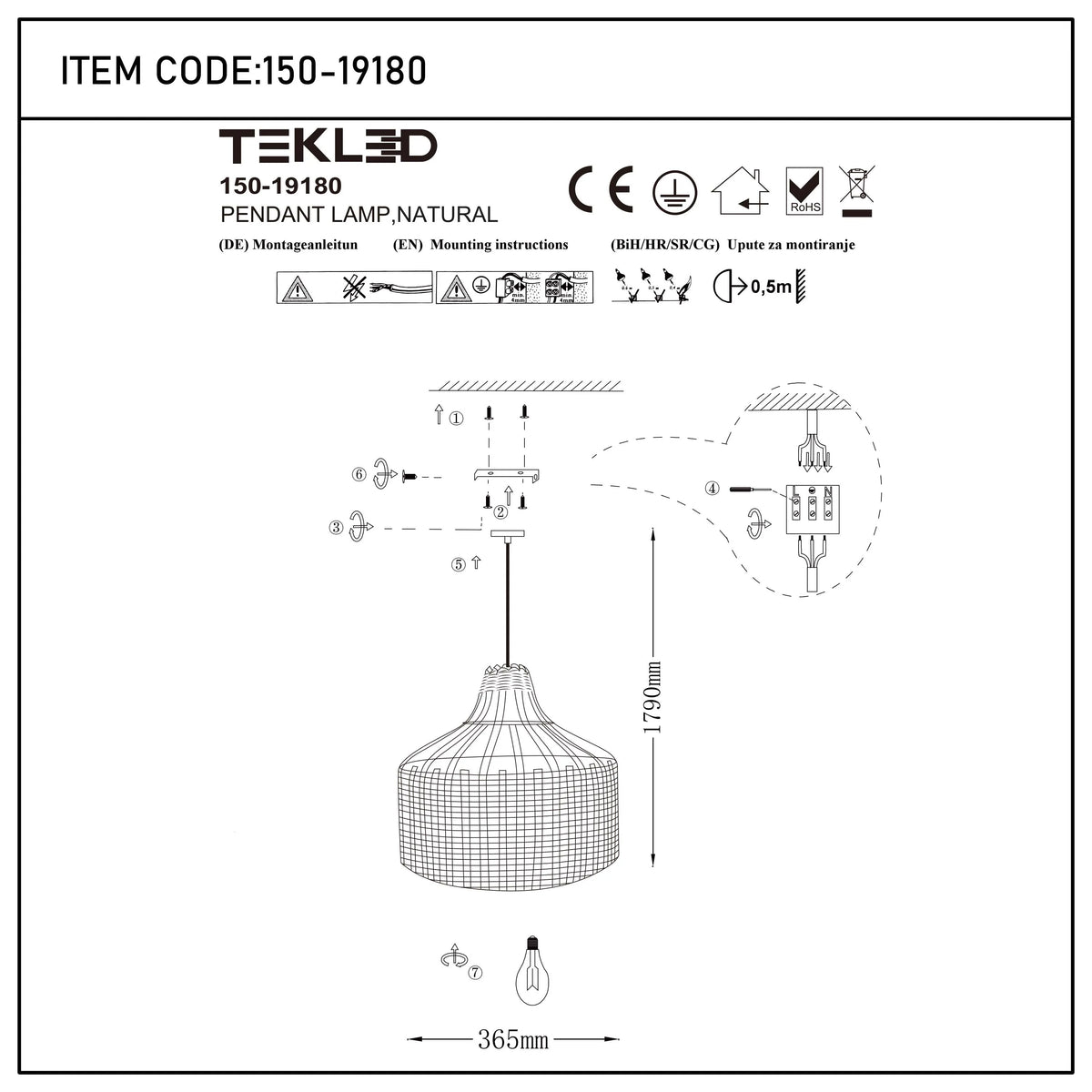 Technical drawing of a pendant light fitting, showing dimensions and assembly instructions.