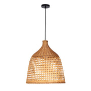 A woven rattan pendant light fixture, suspended from a black ceiling rose with black flex. A statement piece for a relaxed, boho vibe.