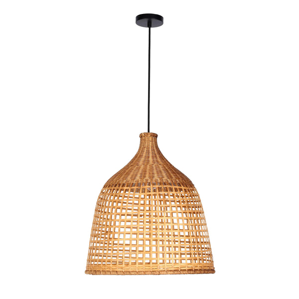 A woven rattan pendant light fixture, suspended from a black ceiling rose with black flex. A statement piece for a relaxed, boho vibe.