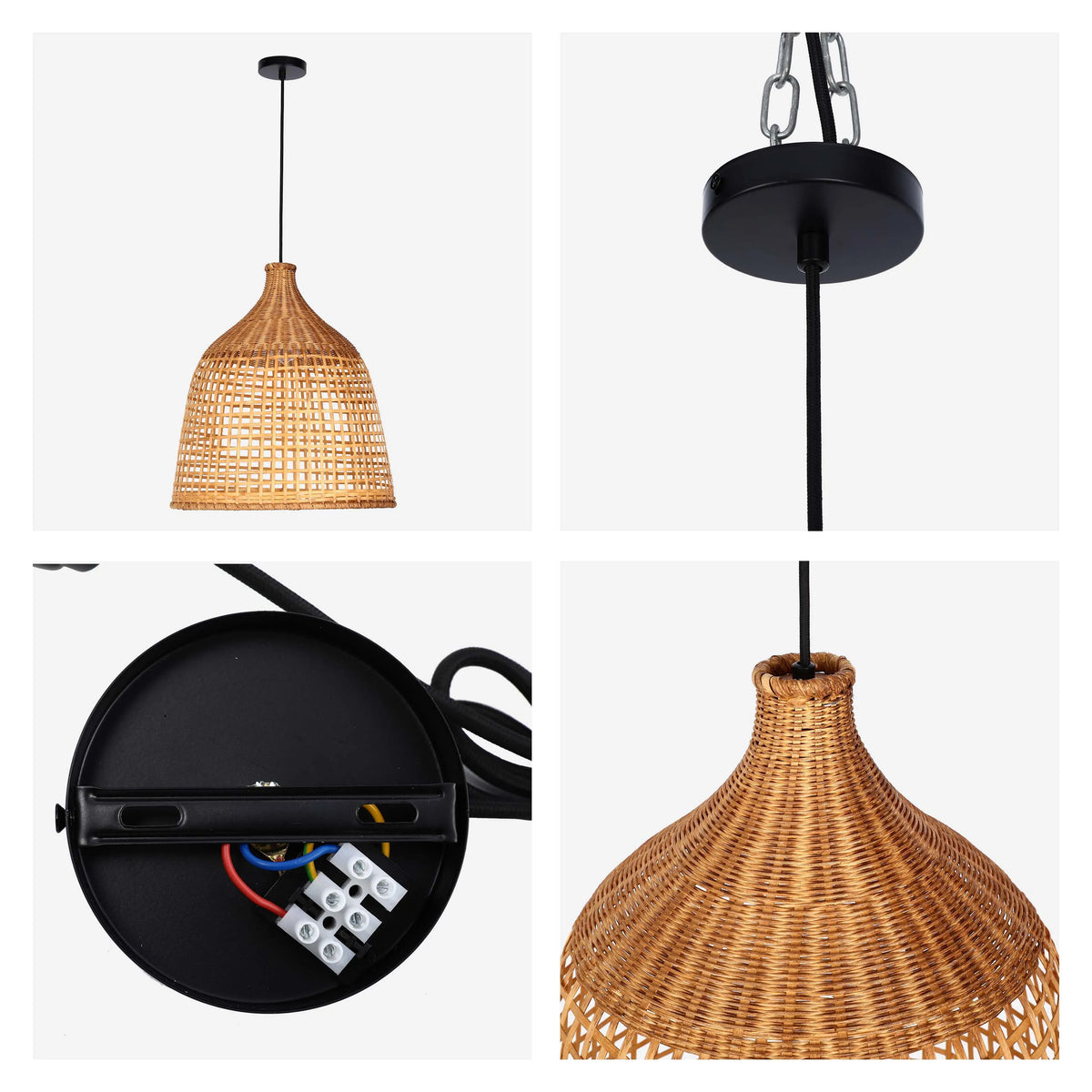 Woven rattan pendant light with black fittings and electrical connections on a white background.