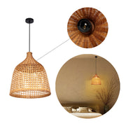 A handwoven rattan pendant light. A close-up reveals the lightbulb fitting. The light is also shown in-situ above a bed.