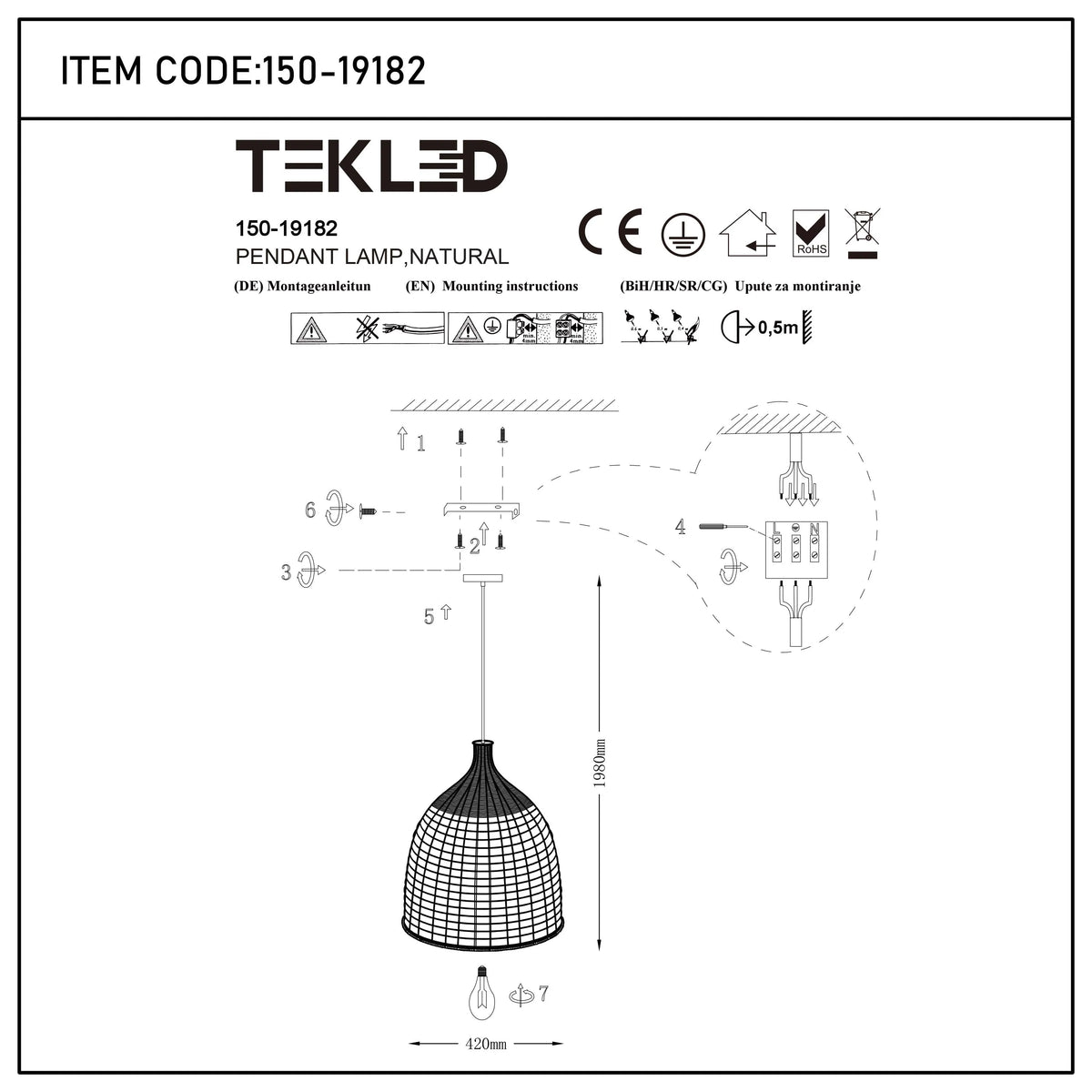 A line drawing of a pendant lamp with an instruction manual, featuring dimensions and mounting steps.