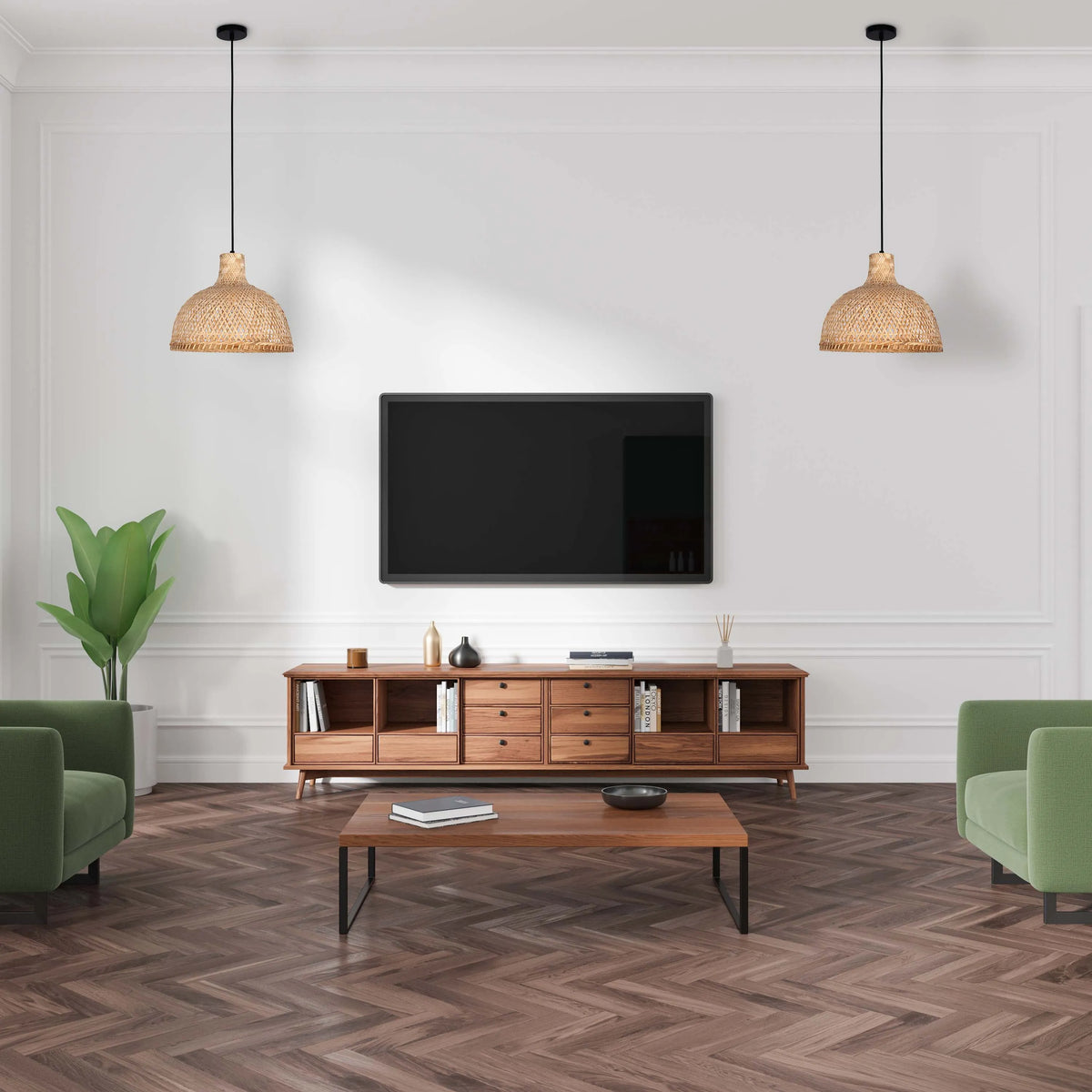 Living room featuring two straw pendant lights hanging from the ceiling, casting a warm, natural light over the stylish setup.