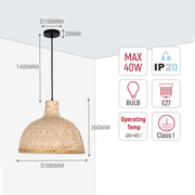 A rattan woven pendant light with measurements, showing a maximum 40W bulb, IP20 rating and Class I safety.