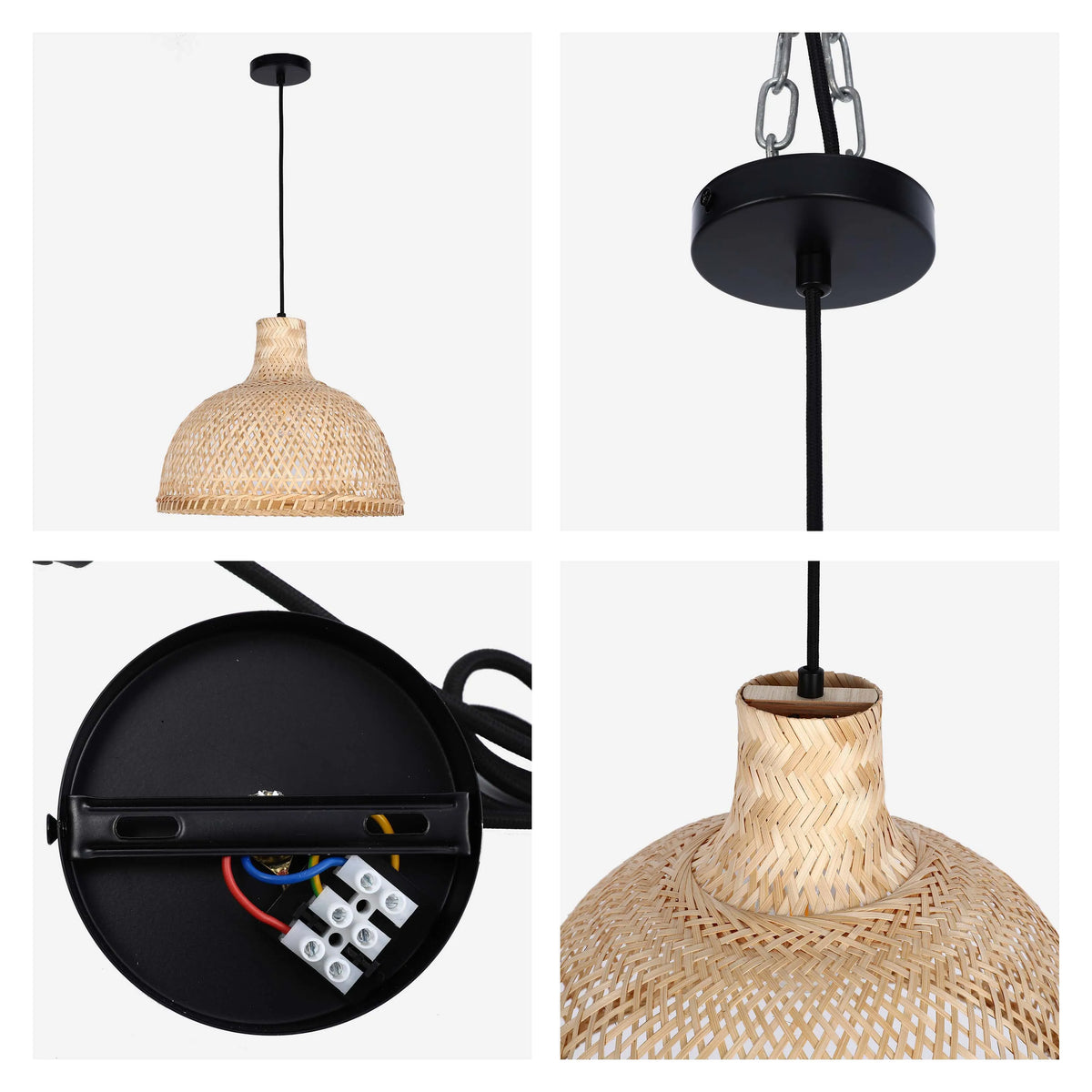 A domed, woven bamboo pendant light with a black ceiling rose and fabric flex. The fixture has electrical wiring and connector block.