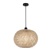 A woven bamboo pendant light with a black ceiling rose and cable. It has a warm, natural aesthetic.