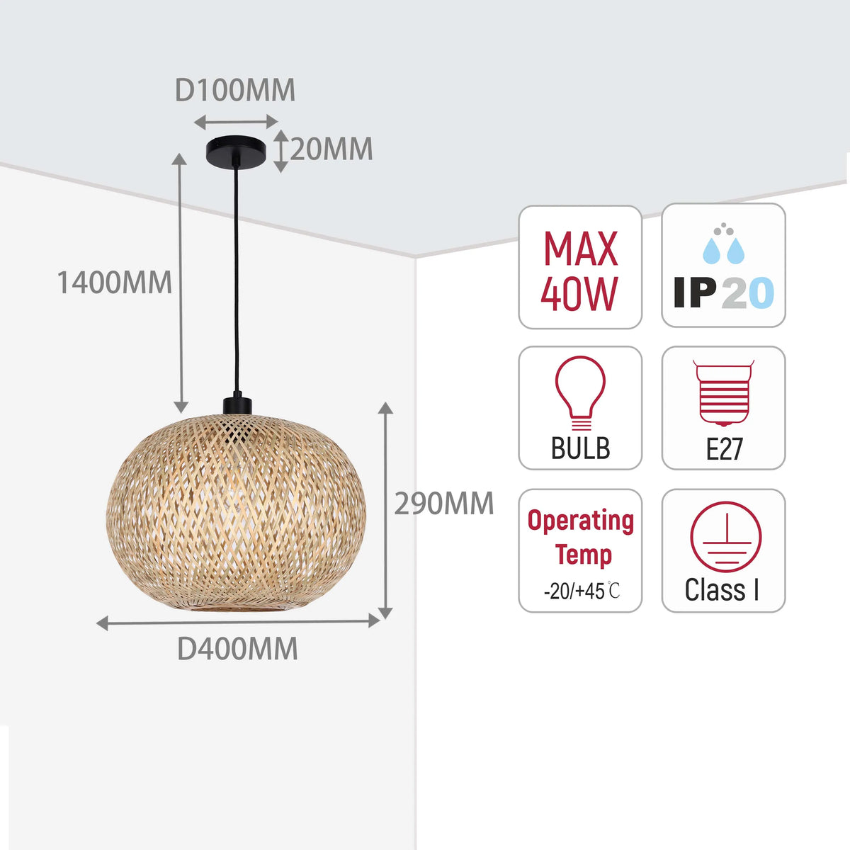 A stylish pendant light with a woven shade, showcasing dimensions, bulb type, wattage, IP rating and temperature rating.