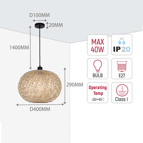 A stylish pendant light with a woven shade, showcasing dimensions, bulb type, wattage, IP rating and temperature rating.