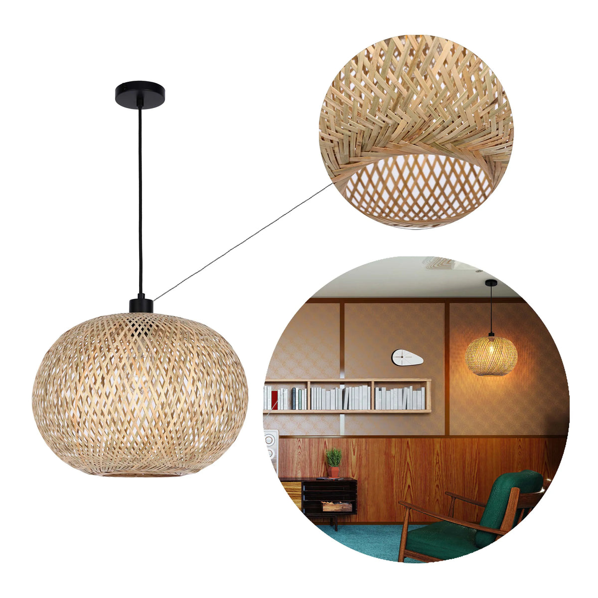 A woven bamboo globe pendant light with black fitting. Modern, minimalist style lighting for a unique look.