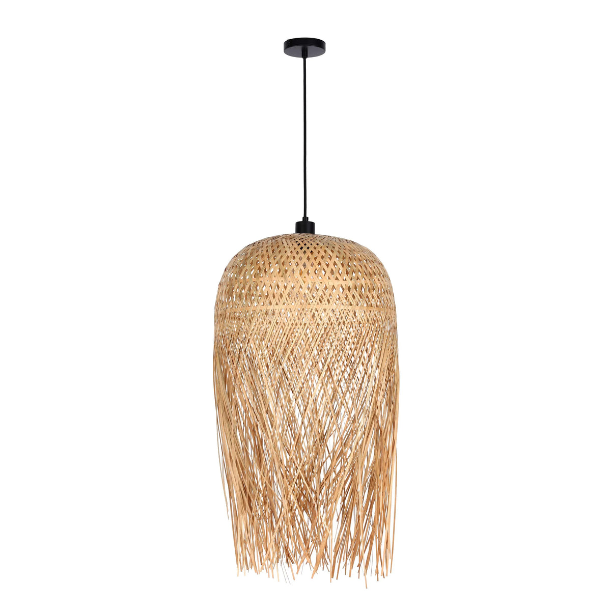 Woven, rattan-style pendant light with natural fibres hanging from the base. Features a simple, black ceiling fixture.
