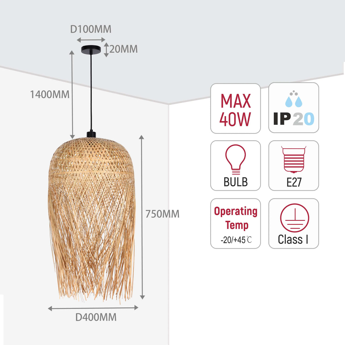 A raffia pendant light with dimensions, IP20 rating, E27 bulb and class I rating displayed.