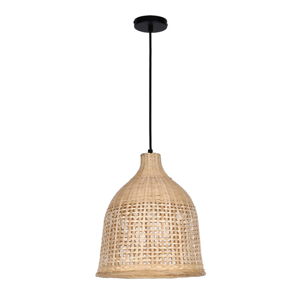 A rattan pendant light hangs from a black cord and ceiling rose, casting a warm glow.