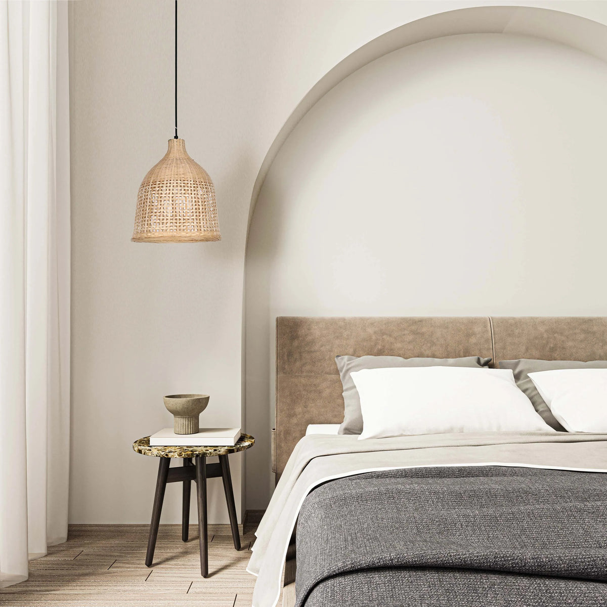 Bedroom showcasing a woven pendant light and natural light, offering a calm, minimalist aesthetic.