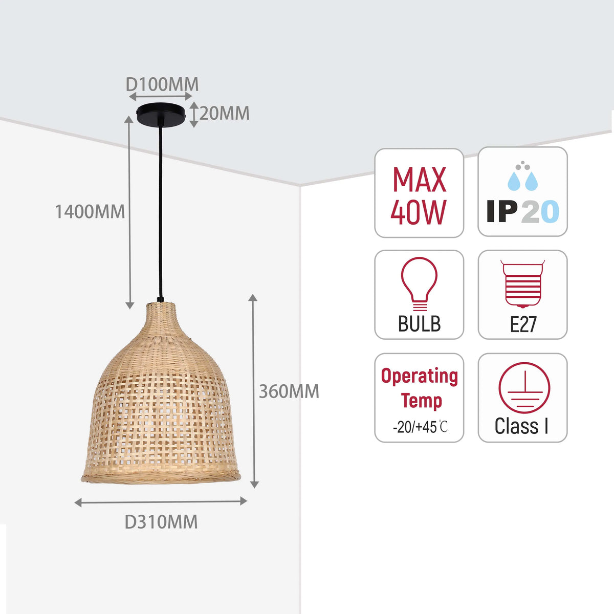 Hanging wicker pendant light with technical specifications: dimensions, bulb type (E27), max 40W, IP20 rating and class I insulation.