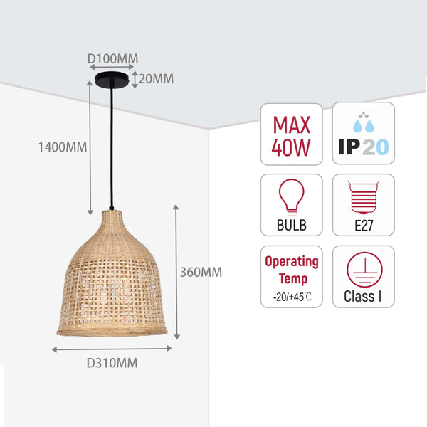 Hanging wicker pendant light with technical specifications: dimensions, bulb type (E27), max 40W, IP20 rating and class I insulation.