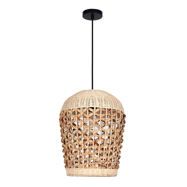 Woven rattan pendant light with black ceiling rose. Provides an ambient glow and stylish, natural look.