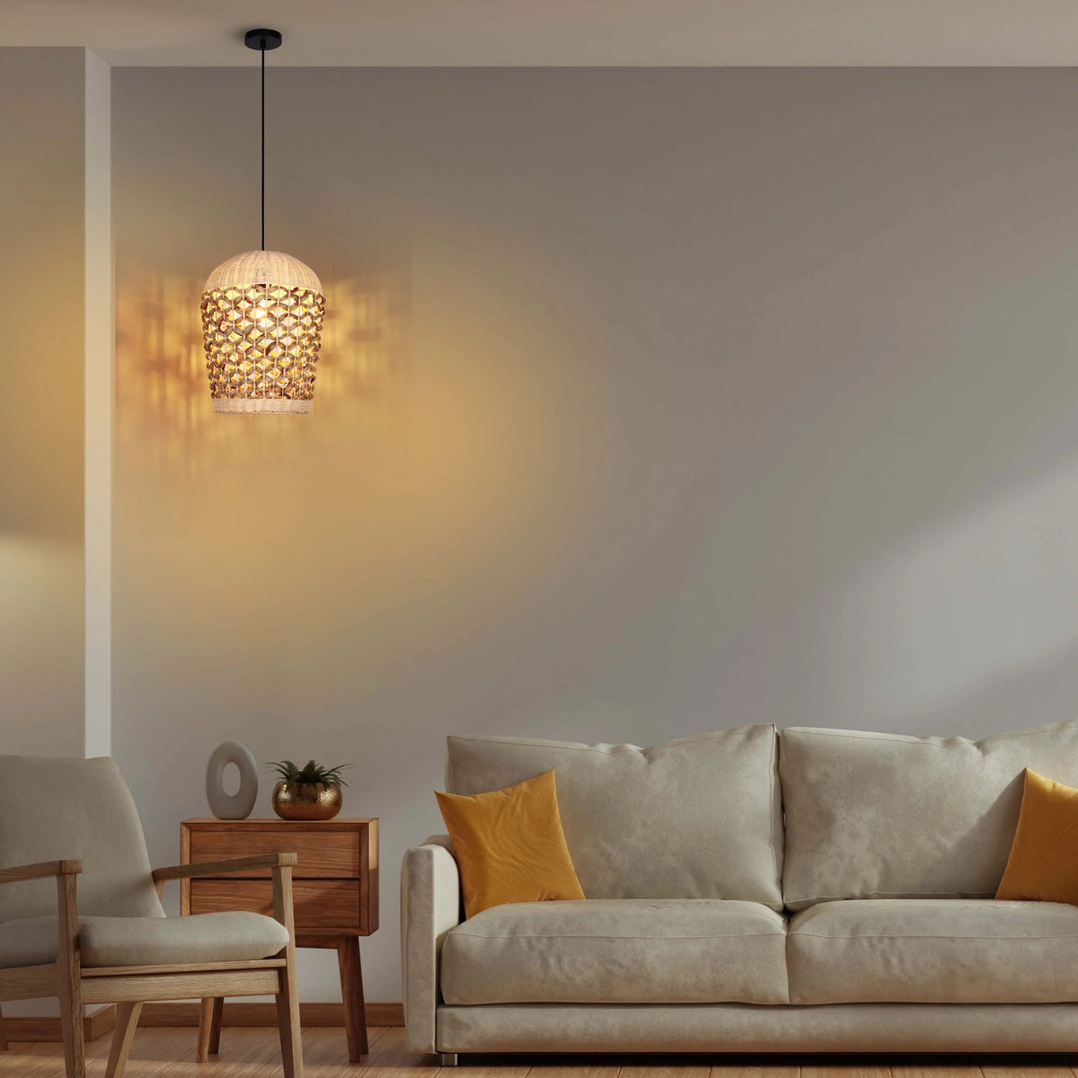 Ambient room lighting from a rattan pendant light, complemented by natural light filtering through the window. Warm and inviting atmosphere.