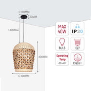 A rattan pendant light. Dimensions are shown, with a bulb and IP20 rating. The drop is 1400mm and diameter 300mm.