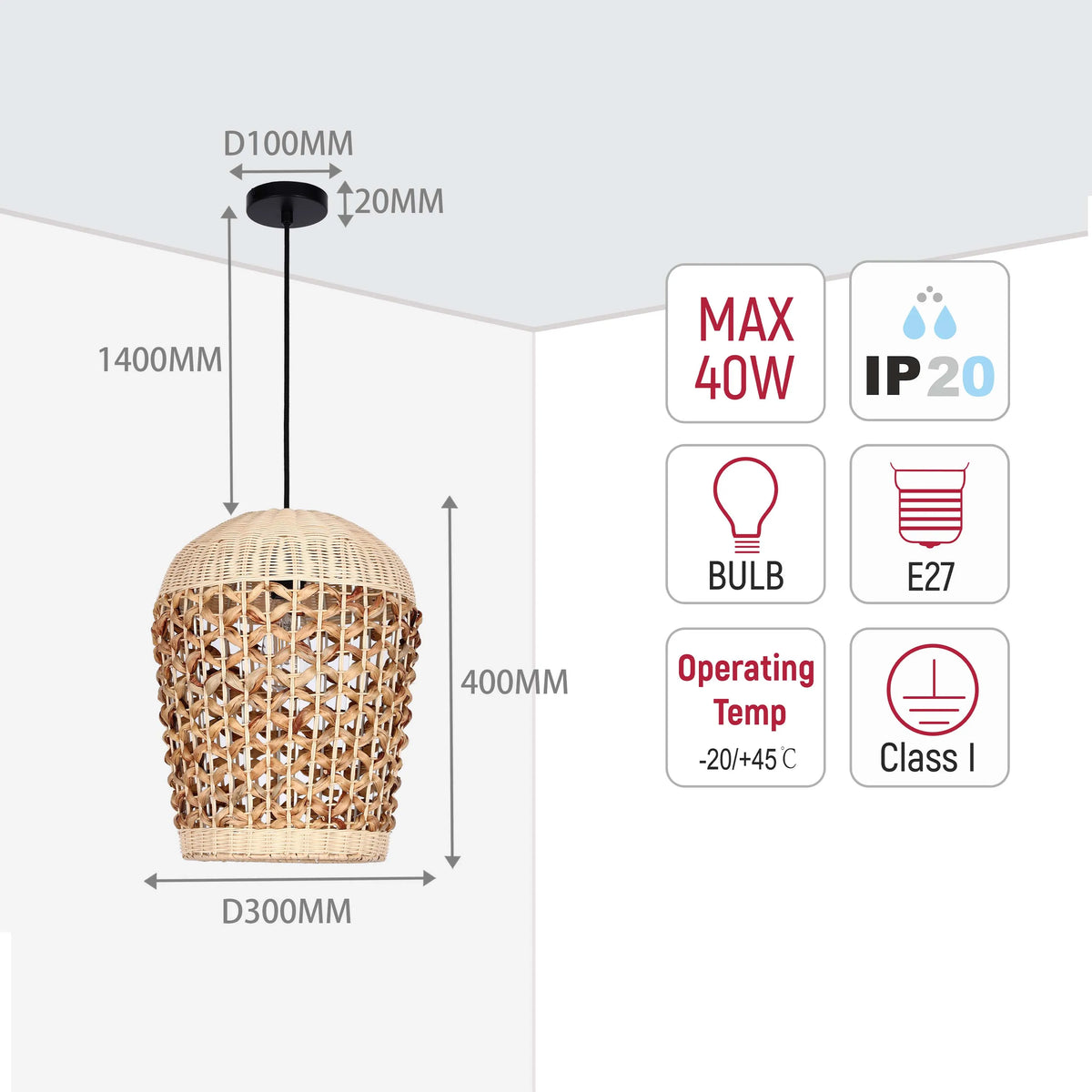 A rattan pendant light. Dimensions are shown, with a bulb and IP20 rating. The drop is 1400mm and diameter 300mm.
