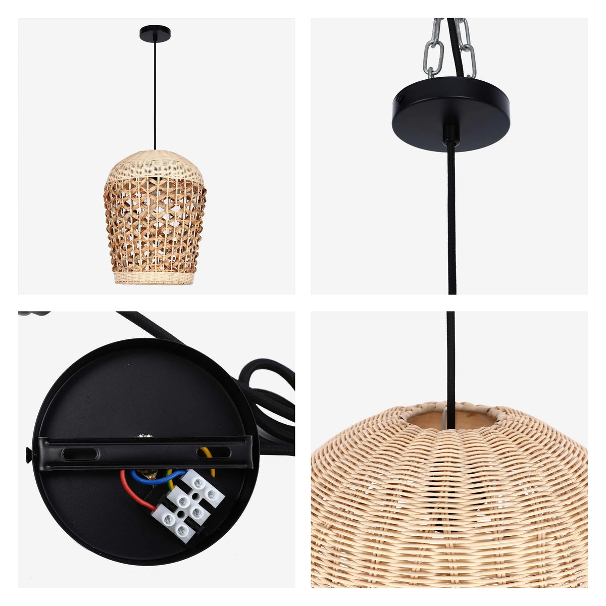 A natural rattan woven pendant light with black hardware. Modern design, providing ambient lighting.