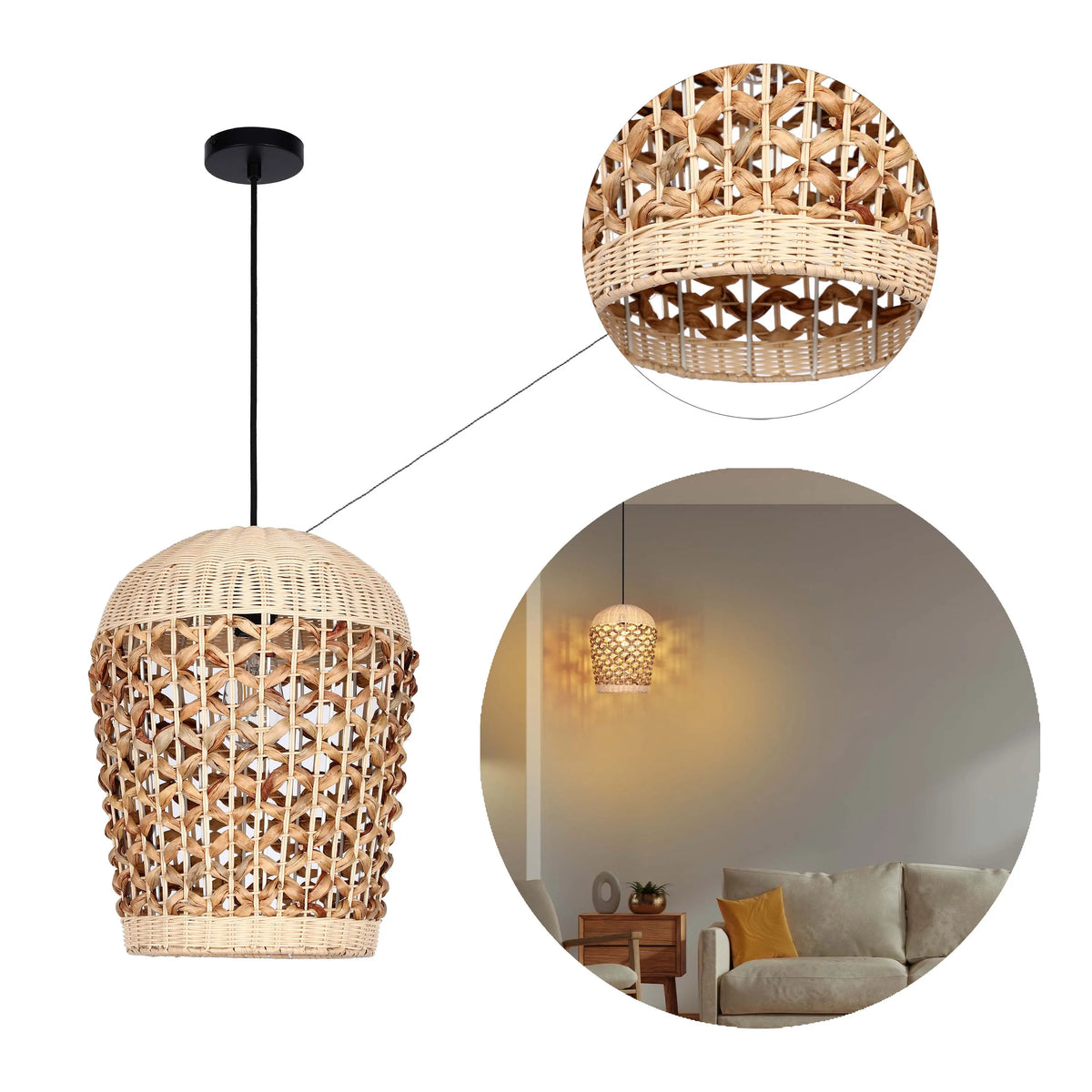 Woven rattan pendant light with a black ceiling rose. Interior features a matching rattan light, sofa, and wooden furniture.