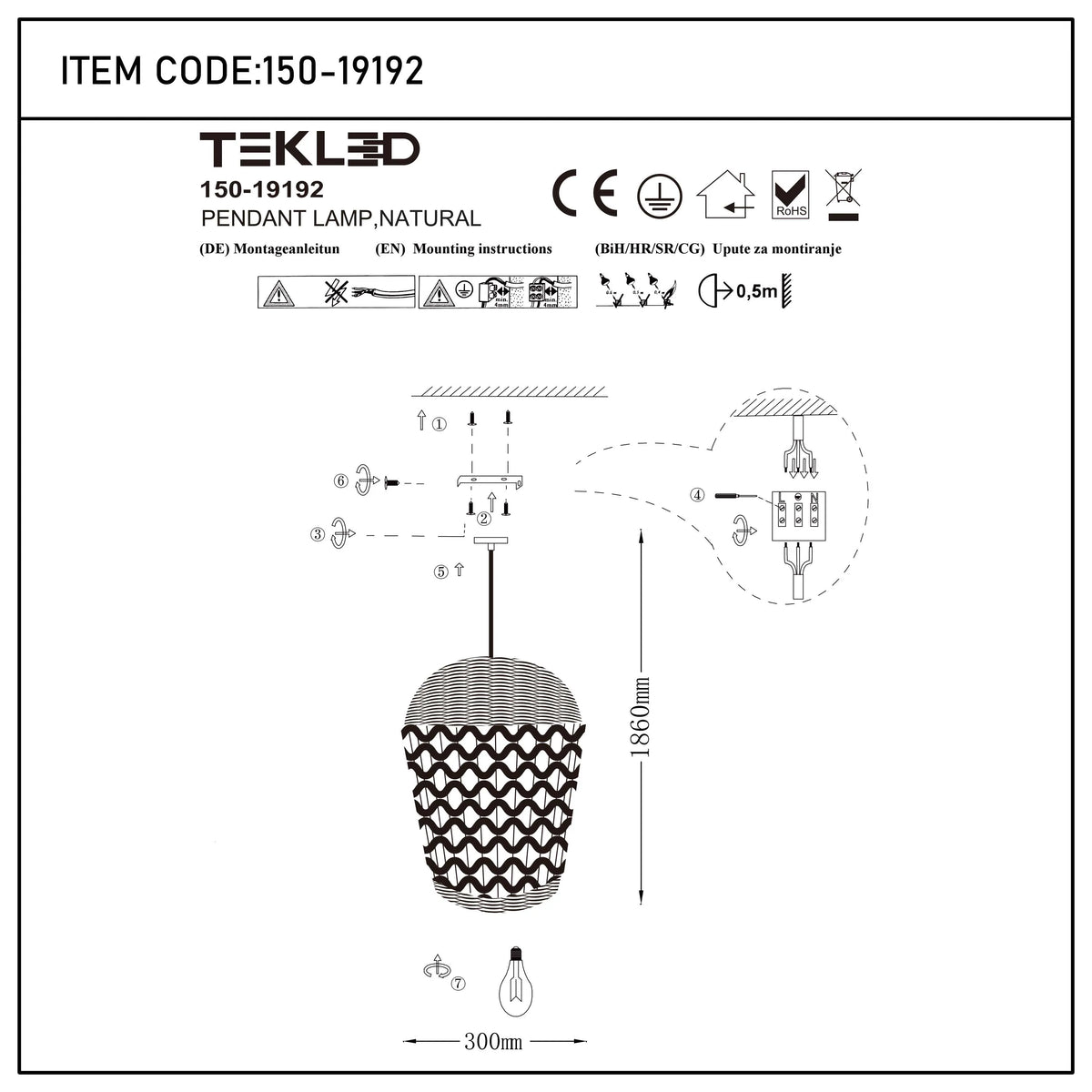 TEKLED 150-19192 pendant lamp, natural, with installation instructions, safety marks and dimensions.