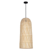 A woven bamboo pendant light with a black ceiling rose, suspended against a white backdrop.