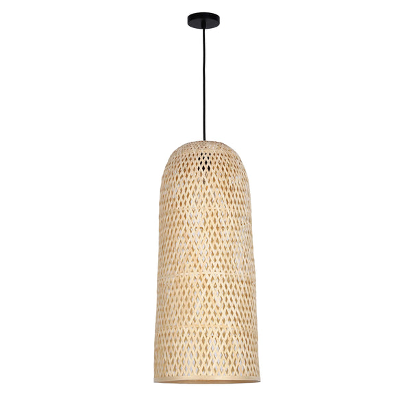 A woven bamboo pendant light with a black ceiling rose, suspended against a white backdrop.