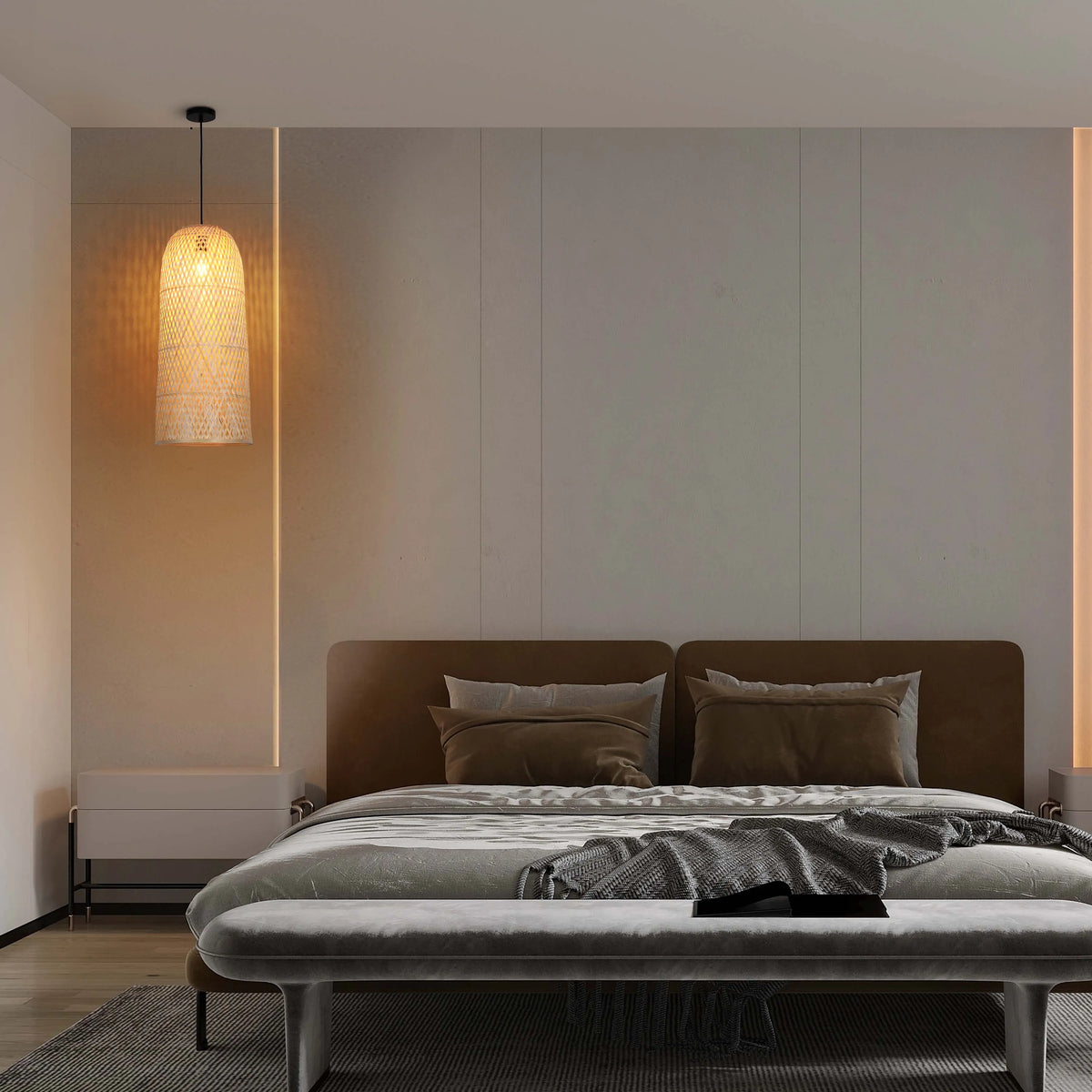 Bedroom with pendant light. Woven shade casts a warm glow. Neutral colour palette with accent lighting on the wall.