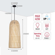 Woven pendant light with a cylindrical shade. Technical specifications include dimensions and wattage.