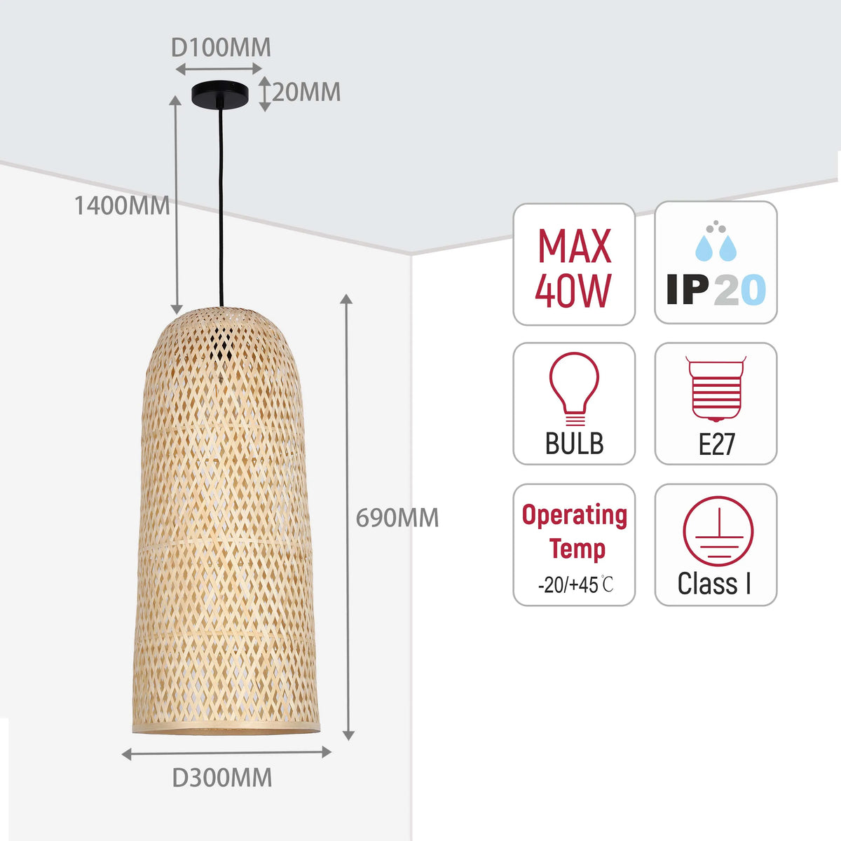 Woven pendant light with a cylindrical shade. Technical specifications include dimensions and wattage.