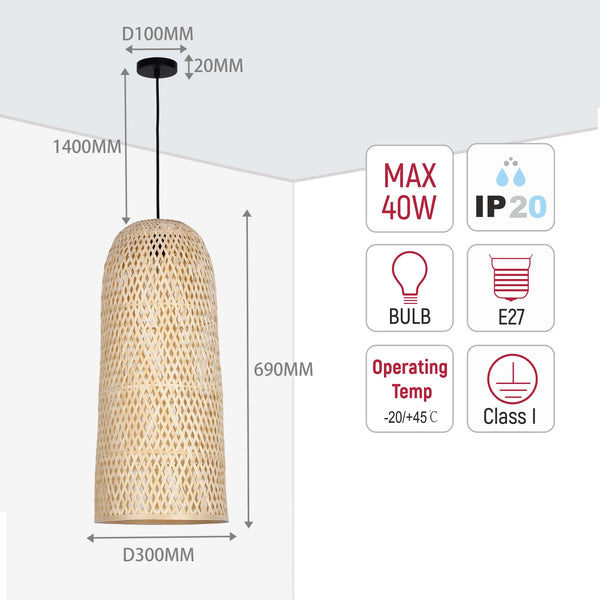 Woven pendant light with a cylindrical shade. Technical specifications include dimensions and wattage.