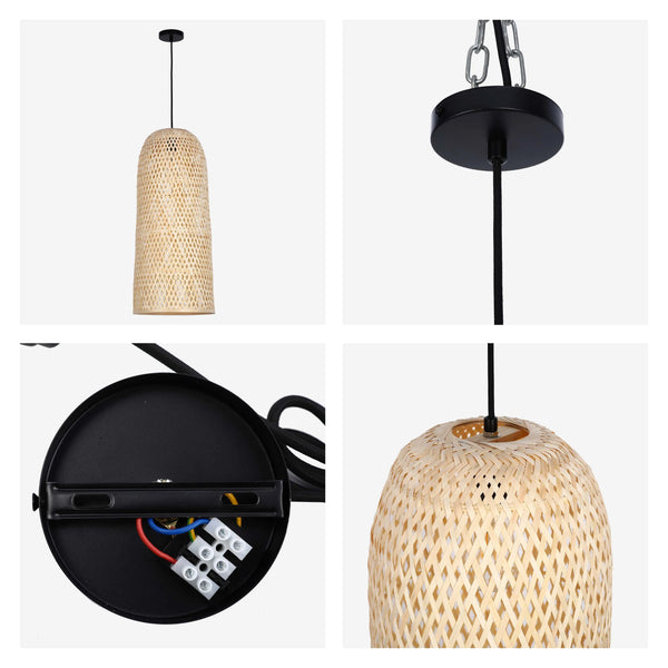 A pendant light with a woven bamboo shade and black fittings. Modern style perfect for homes or retail.