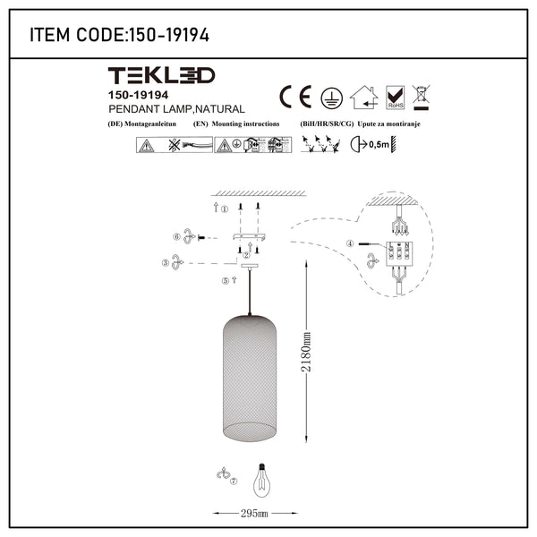 Pendant light installation diagram, showing ceiling mounting, wiring, and dimensions of 2180mm height and 295mm width.
