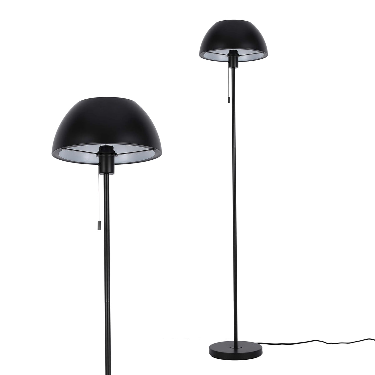 Two stylish black dome floor lamps stand elegantly against a white backdrop, providing soft, ambient illumination.