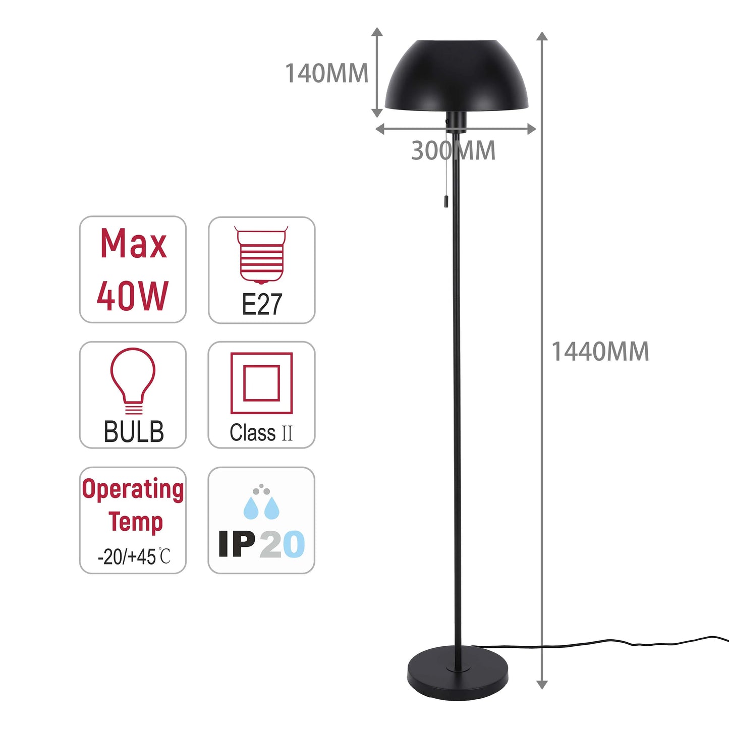 Modern Dome Floor Lamp – E27 Fitting, 1440mm Height, Pull Cord Switch
