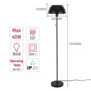 Sleek black floor lamp with technical details showcasing measurements, bulb type (E27), wattage (40W) and temperature rating.