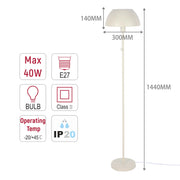 A floor lamp with a dome shade, shown with dimensions: height 1440mm, shade width 300mm, shade height 140mm. Bulb: E27, max 40W. IP20 rated.