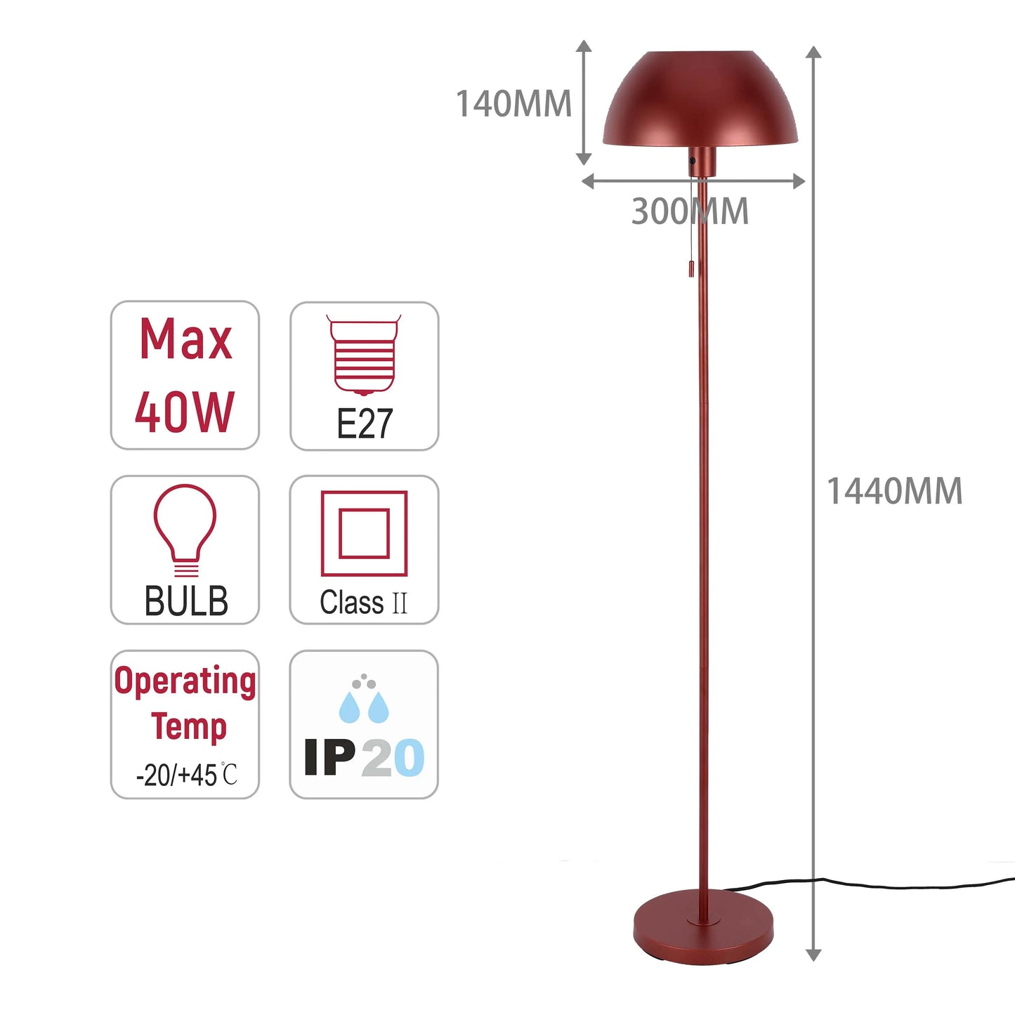 Modern Dome Floor Lamp – E27 Fitting, 1440mm Height, Pull Cord Switch