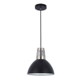 Black pendant light with silver shade trim and a dome shaped shade hanging on a black flex. Modern, minimalist, contemporary.