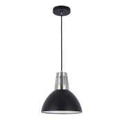 Black pendant light with silver shade trim and a dome shaped shade hanging on a black flex. Modern, minimalist, contemporary.